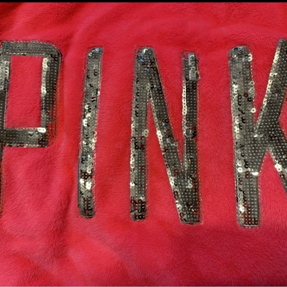 Victoria’s Secret PINK Plush Hooded Robe Gold Sequin Logo Cozy Soft Bath Wrap - Picture 4 of 5